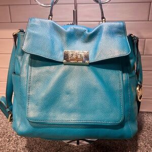 Michael Kors Pebbled Leather Turnlock Flap Satchel – Teal/Gold